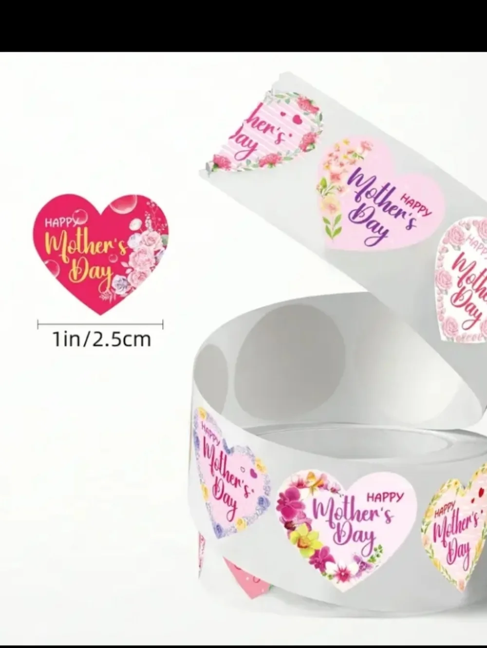 Mother's Day Heart Stickers Roll - Pink Floral Labels (500 pcs)